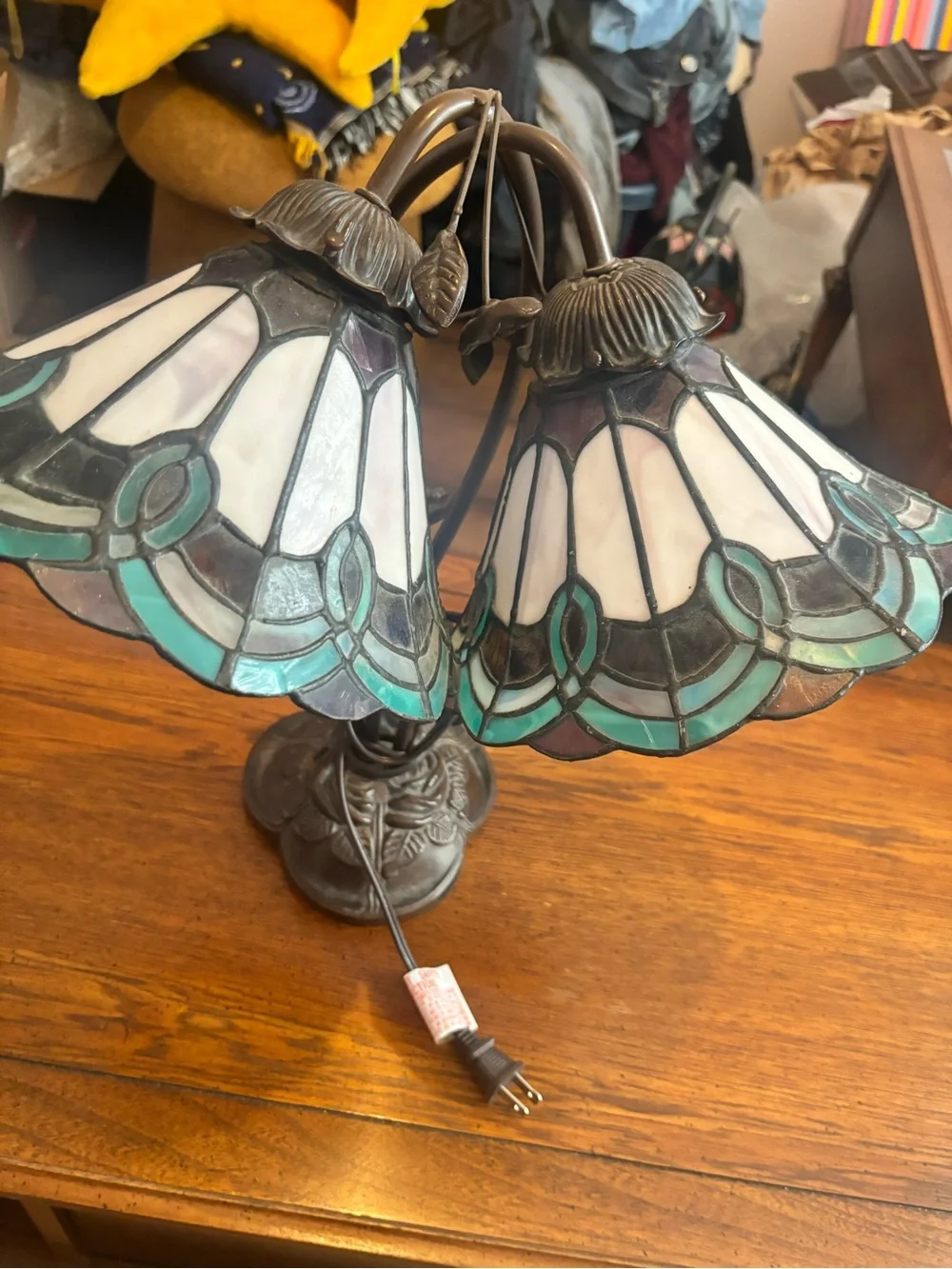 Vintage Tiffany-Style Bronze Table Lamp with Teal and White Stained Glass Shades